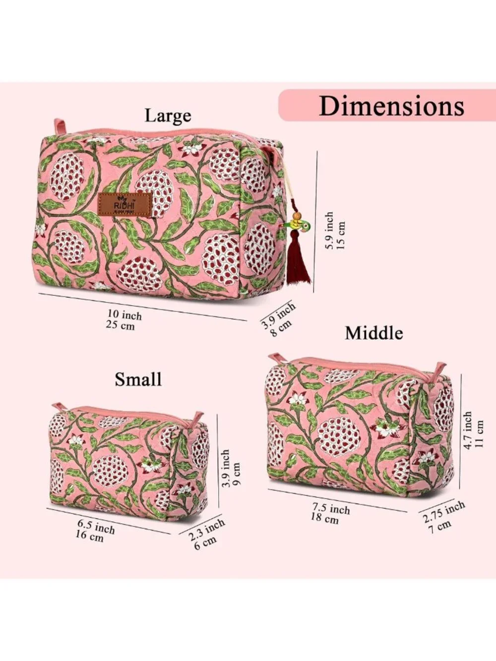 Strawberry Pink Floral Toiletry Bag Set of 3 - 100% Cotton, Waterproof Travel